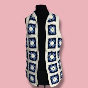 Vintage Handmade Crochet Granny Square Long Vest White Blue Cottagecore Boho M